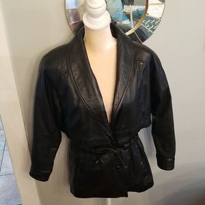 Wilsons Leather Black Shawl Collar Drawstring Waist V-Neck Leather Jacket Sz.XS